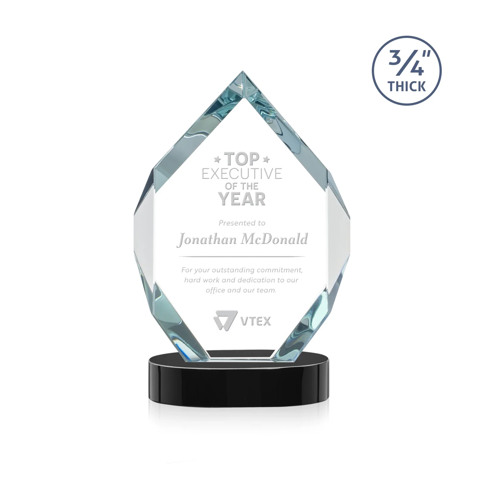 Personalized Six-Sided Starfire Crystal Diamond Award with Constant-Width Bevels for volunteer appreciation