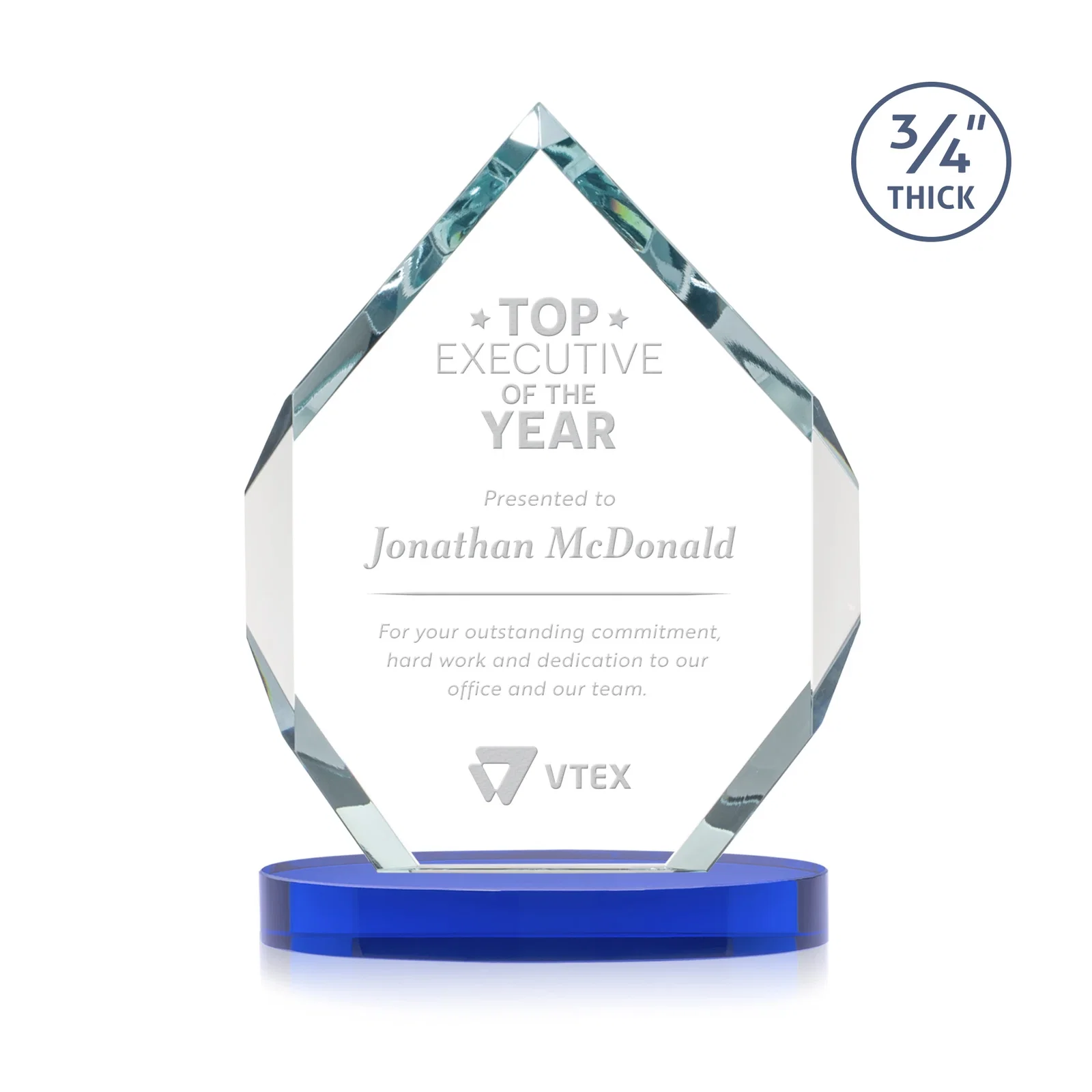Promotional Six-Sided Starfire Crystal Diamond Award with Constant-Width Bevels for retirement presentations