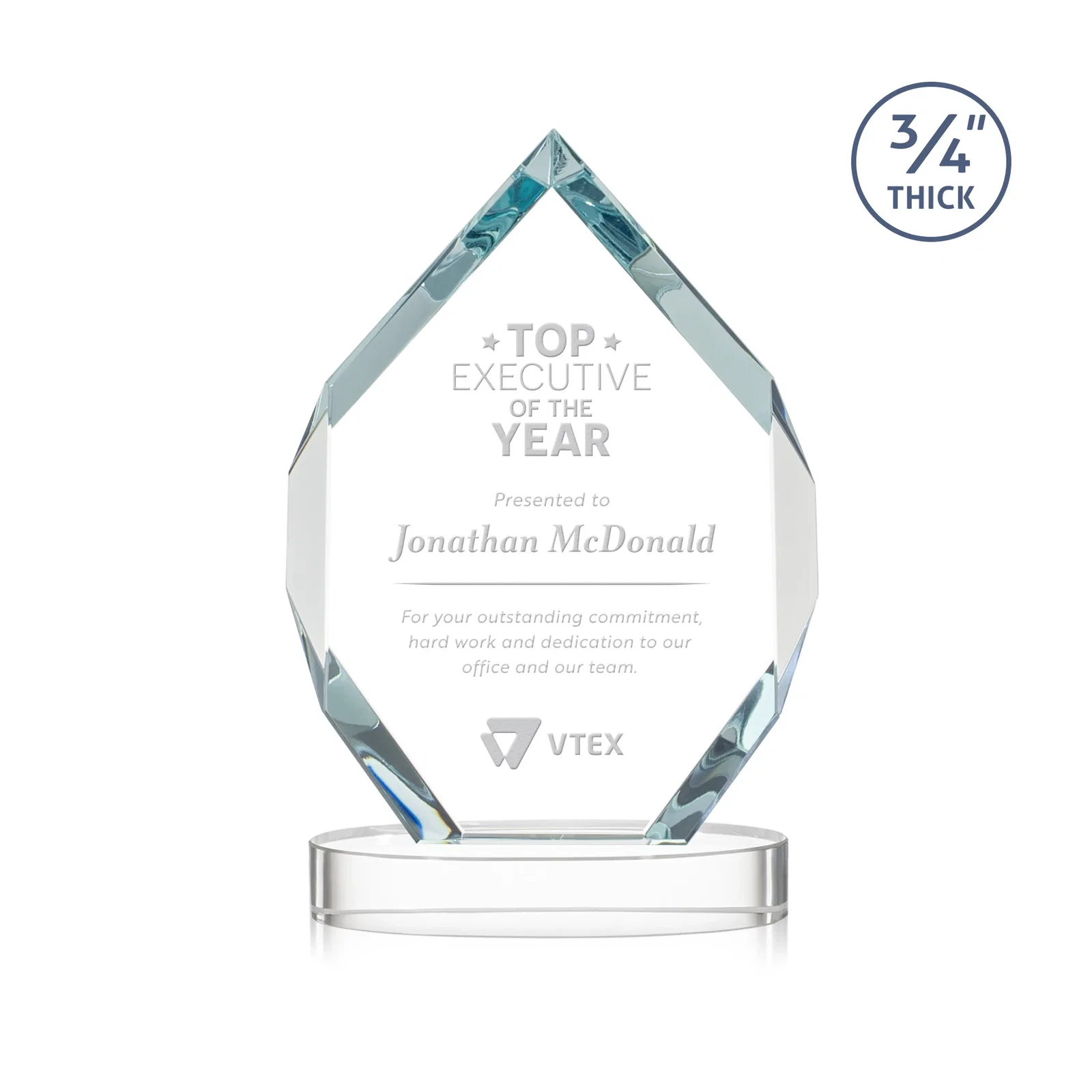Custom Six-Sided Starfire Crystal Diamond Award with Constant-Width Bevels for service anniversary gifts