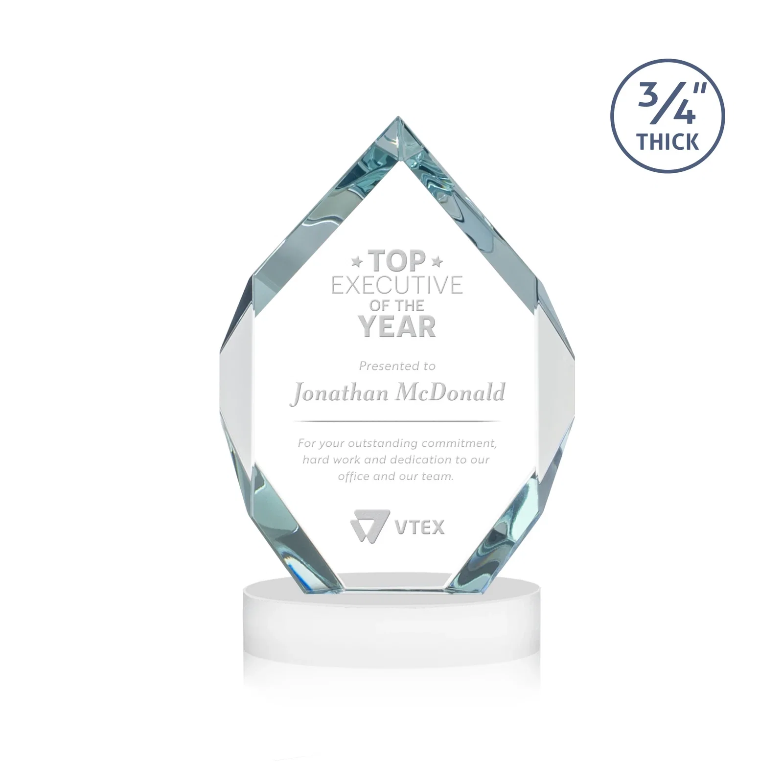 Branded Six-Sided Starfire Crystal Diamond Award with Constant-Width Bevels for retirement presentations