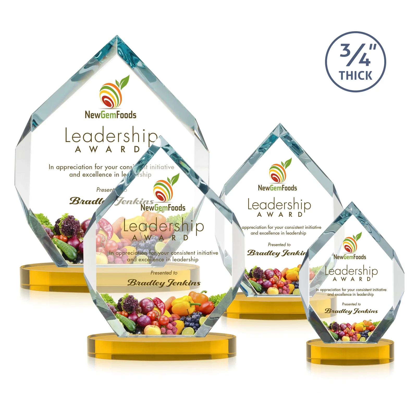Custom printed Six-Sided Starfire Crystal Diamond Award with Constant-Width Bevels for employee recognition