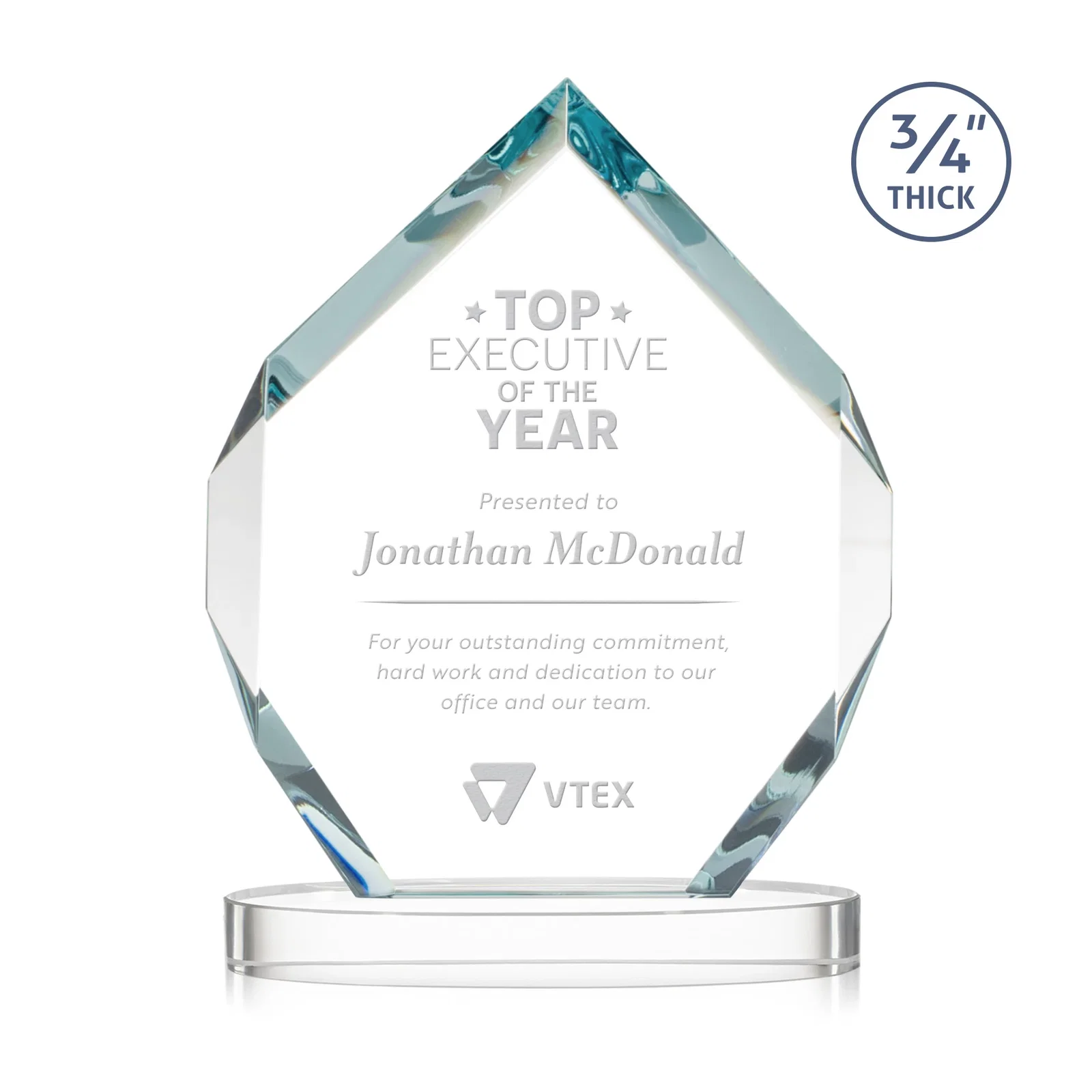 Custom Six-Sided Starfire Crystal Diamond Award with Constant-Width Bevels for retirement presentations