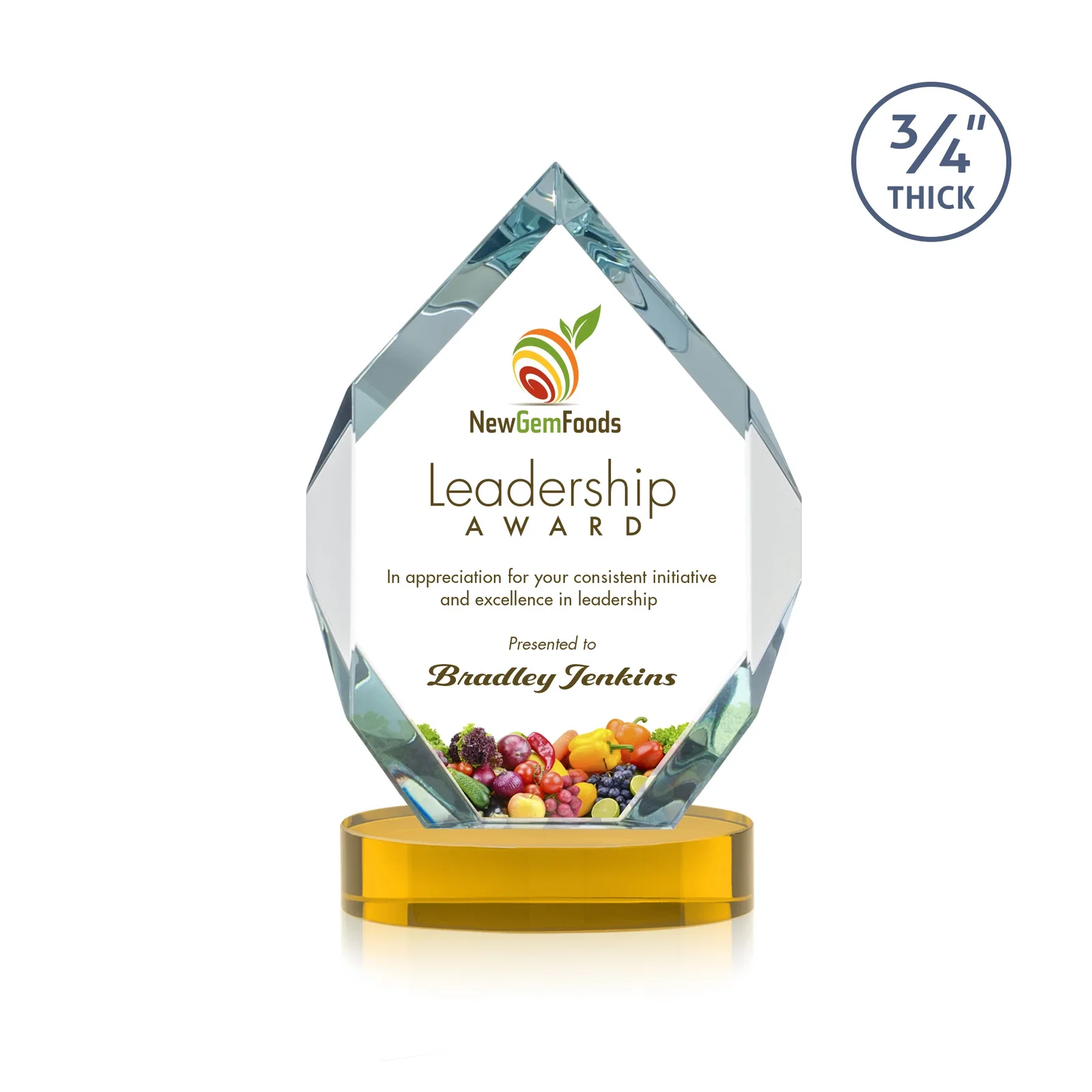Custom printed Six-Sided Starfire Crystal Diamond Award with Constant-Width Bevels for corporate award ceremonies