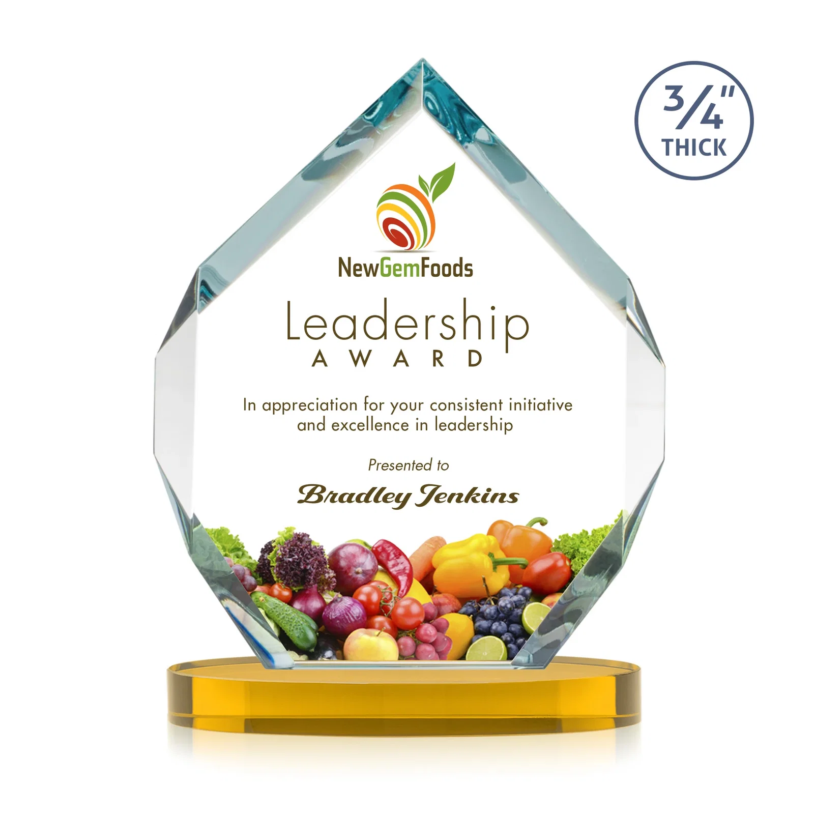 Custom printed Six-Sided Starfire Crystal Diamond Award with Constant-Width Bevels for retirement presentations