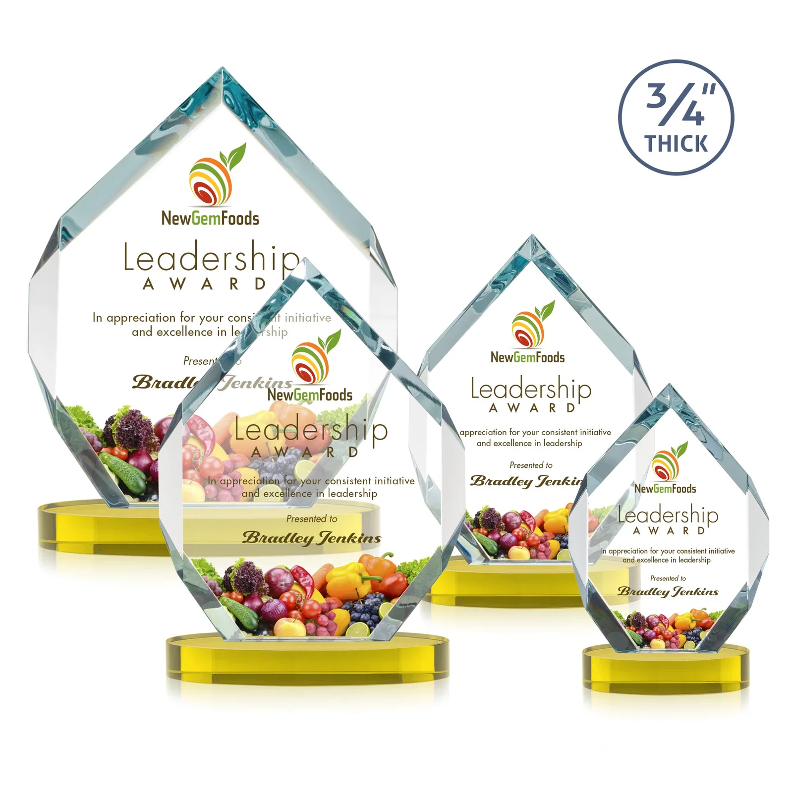 Custom printed Six-Sided Starfire Crystal Diamond Award with Constant-Width Bevels for team milestone celebrations