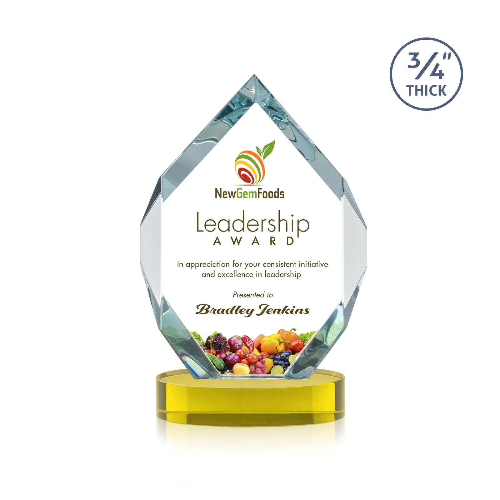 Custom printed Six-Sided Starfire Crystal Diamond Award with Constant-Width Bevels for donor appreciation