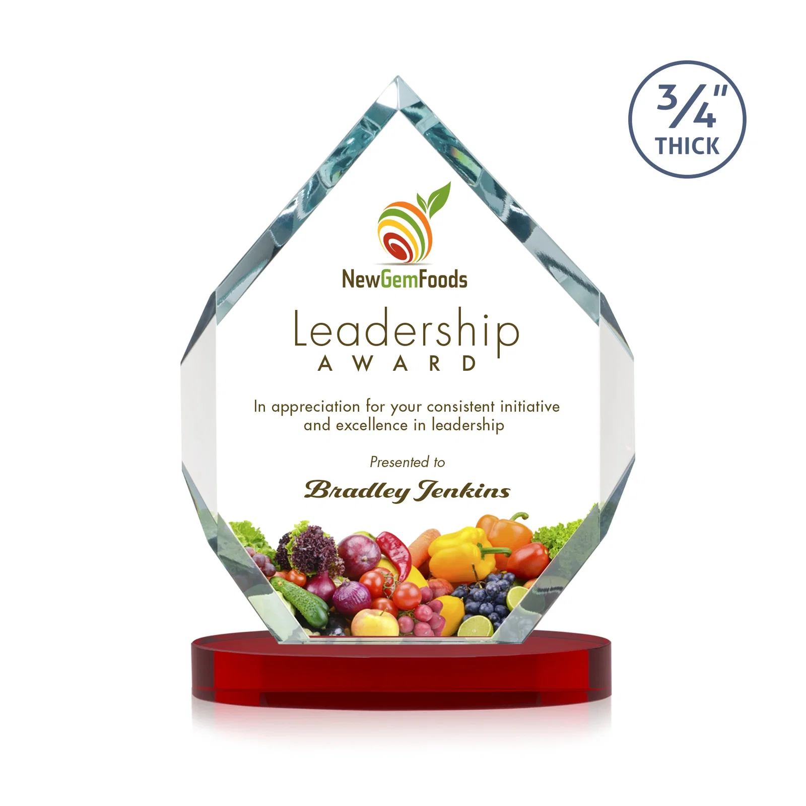 Custom engraved Six-Sided Starfire Crystal Diamond Award with Constant-Width Bevels for retirement presentations