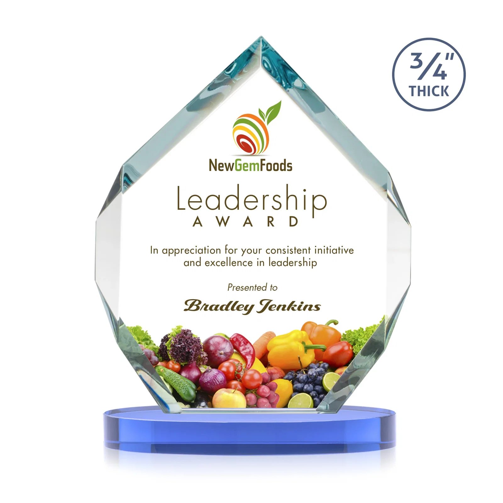 Custom engraved Six-Sided Starfire Crystal Diamond Award with Constant-Width Bevels for volunteer appreciation