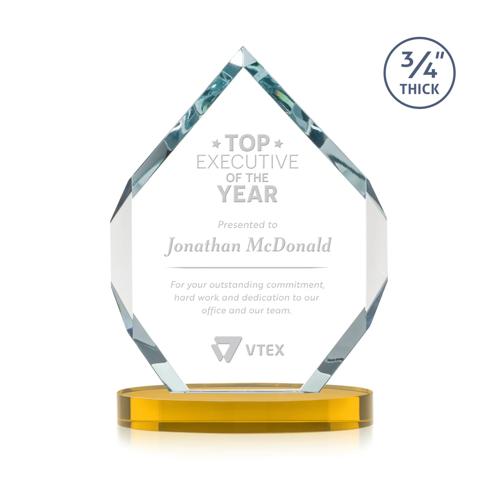 Custom Six-Sided Starfire Crystal Diamond Award with Constant-Width Bevels for safety achievement programs