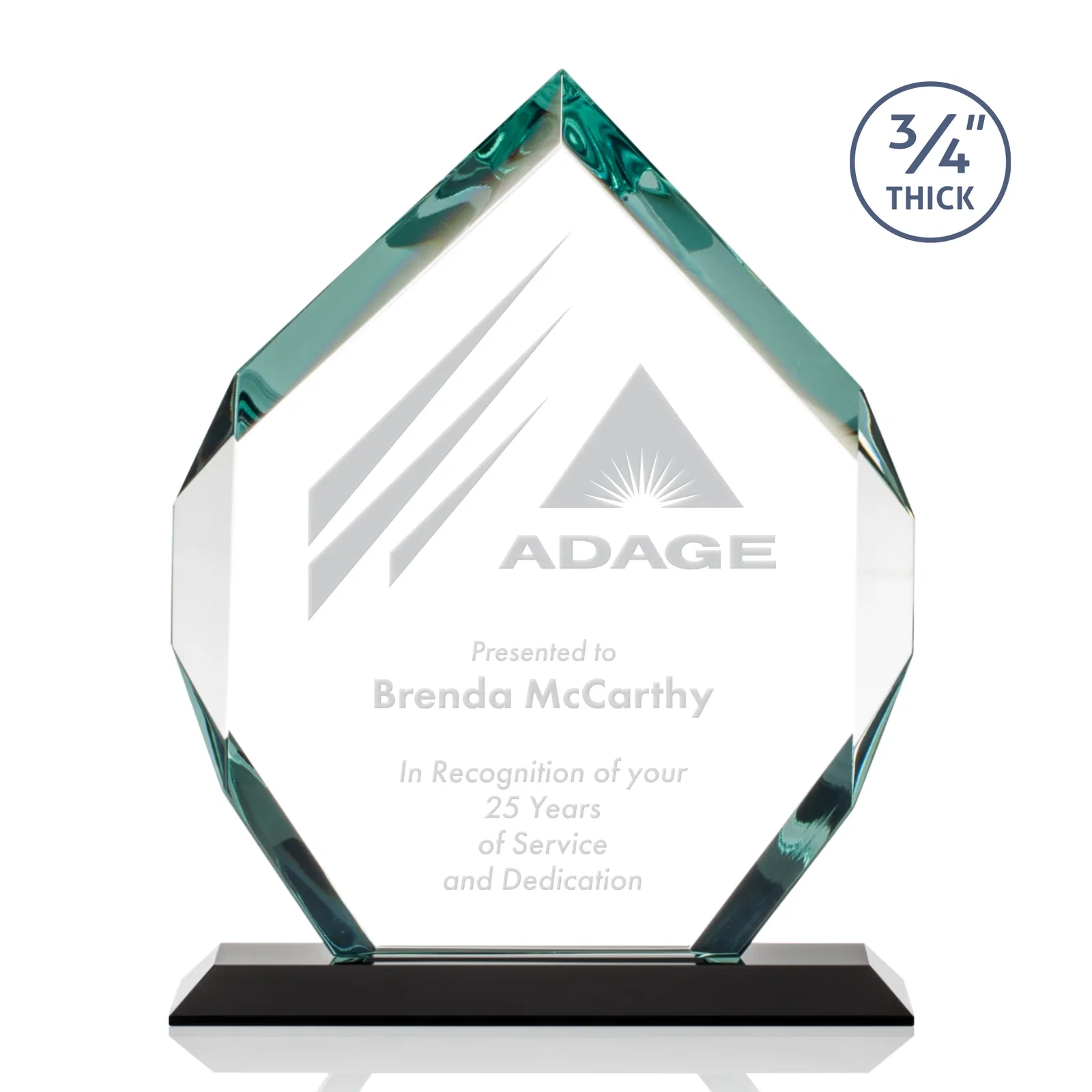 Custom Starfire Crystal Six-Sided Award With Constant-Width Bevels for retirement presentations