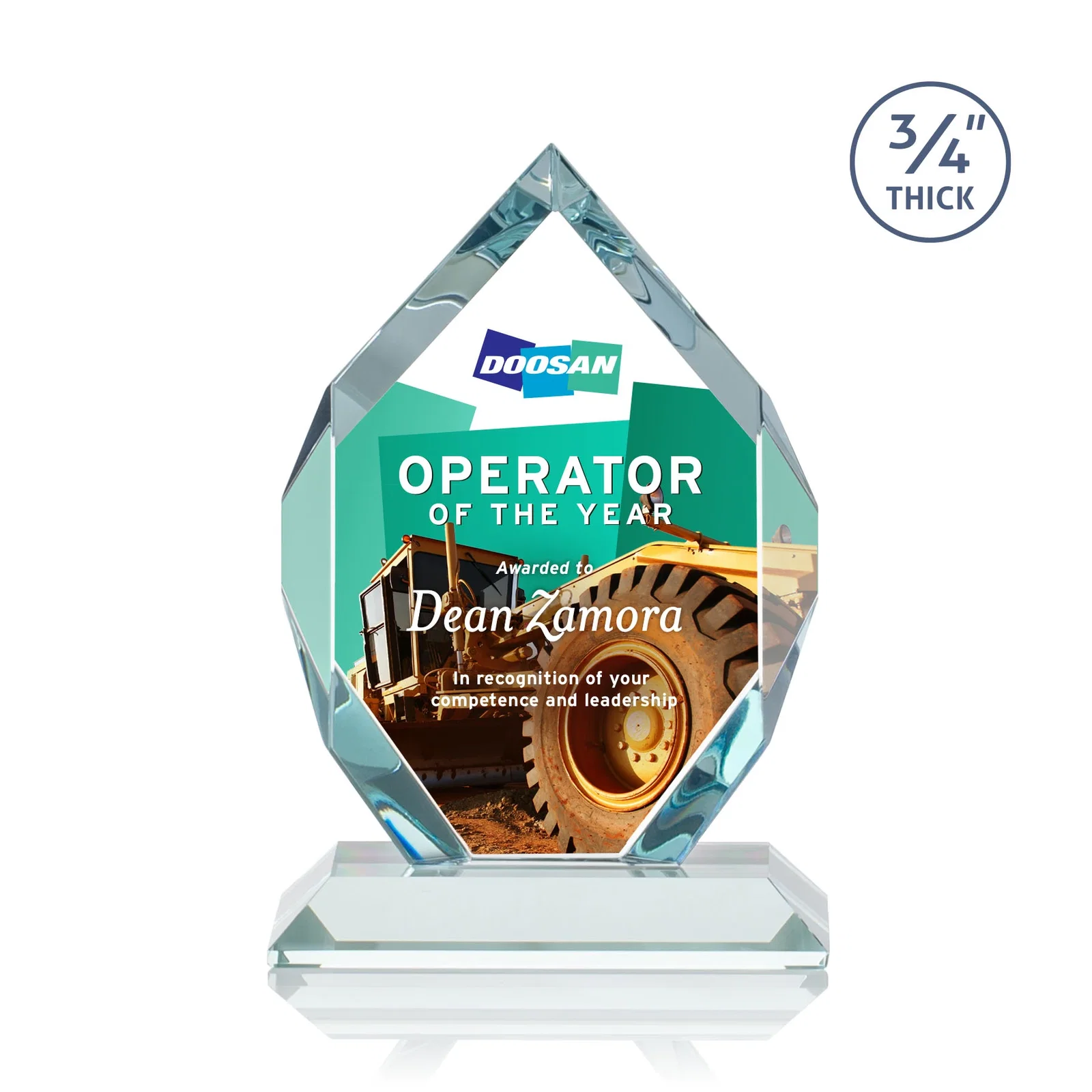 Custom printed Starfire Crystal Six-Sided Award With Constant-Width Bevels for retirement presentations