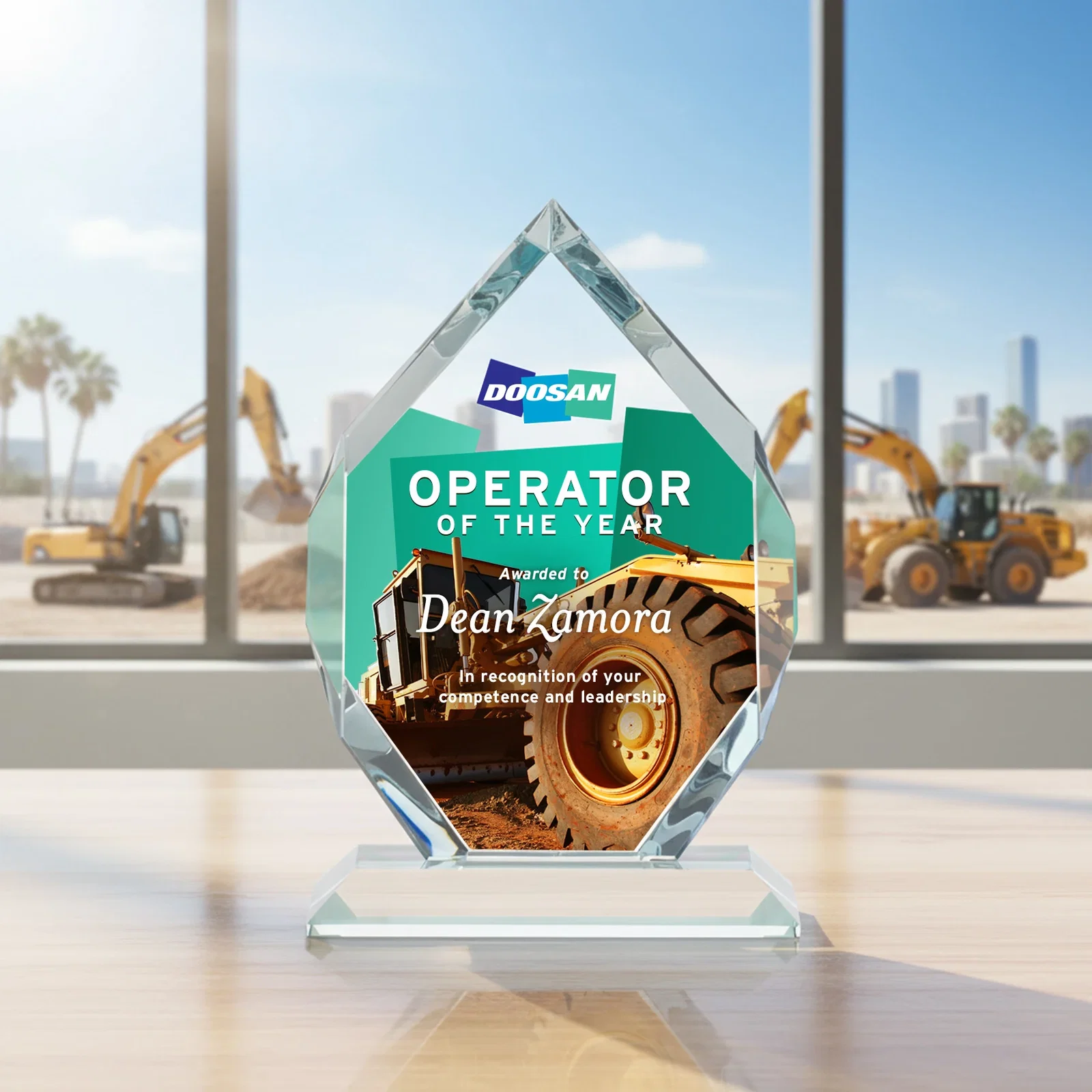 Custom printed Starfire Crystal Six-Sided Award With Constant-Width Bevels for safety achievement programs