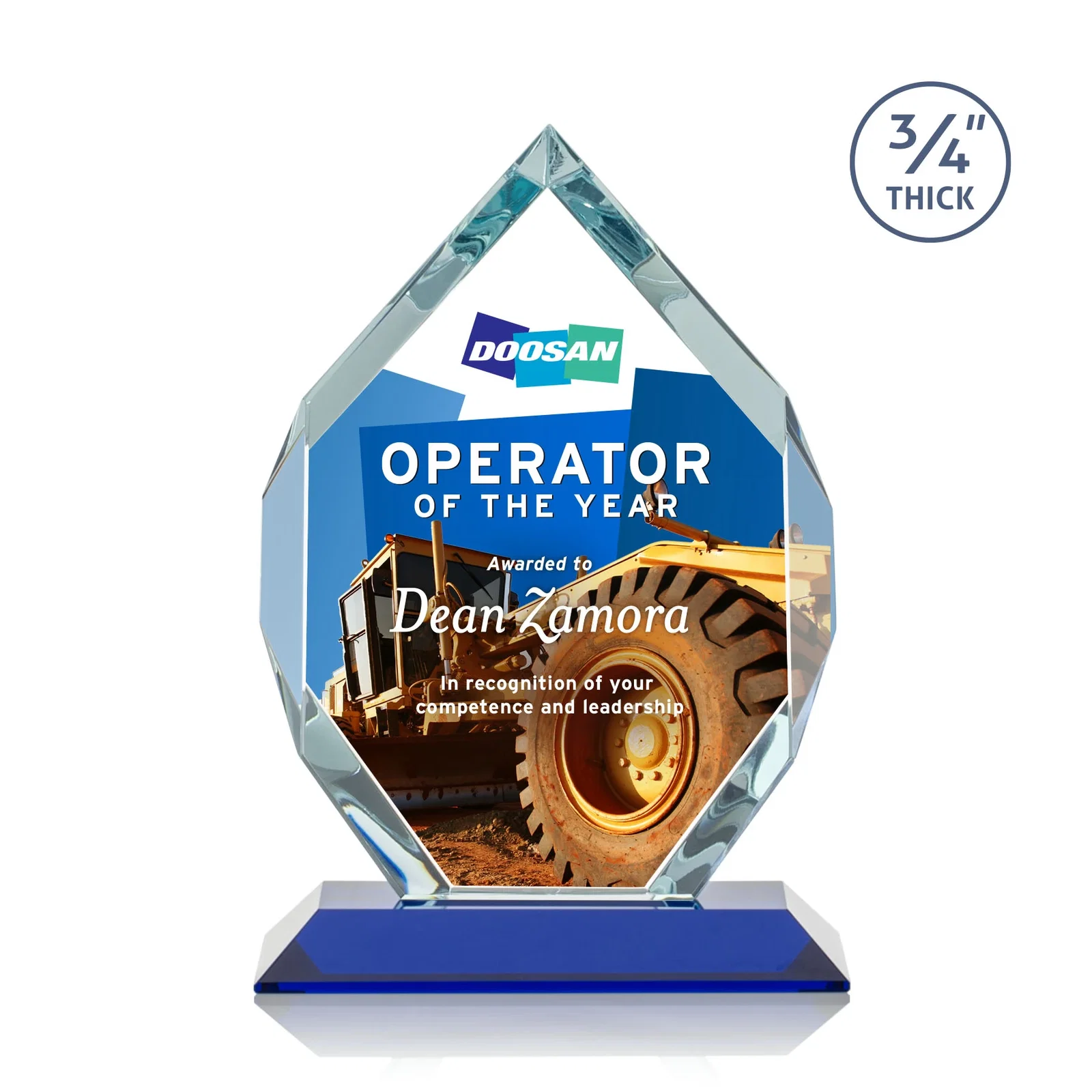 Custom engraved Starfire Crystal Six-Sided Award With Constant-Width Bevels for service anniversary gifts