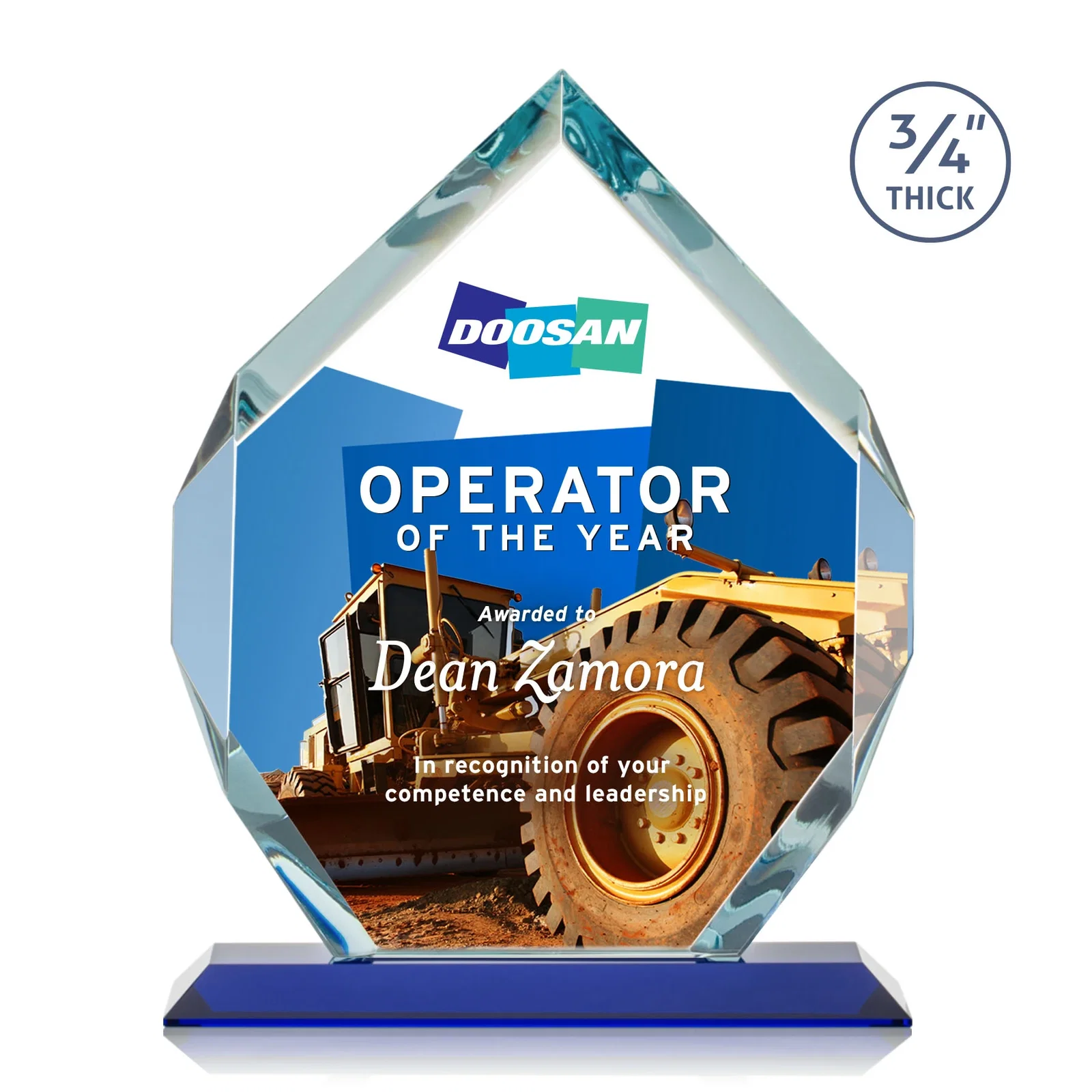 Custom engraved Starfire Crystal Six-Sided Award With Constant-Width Bevels for retirement presentations