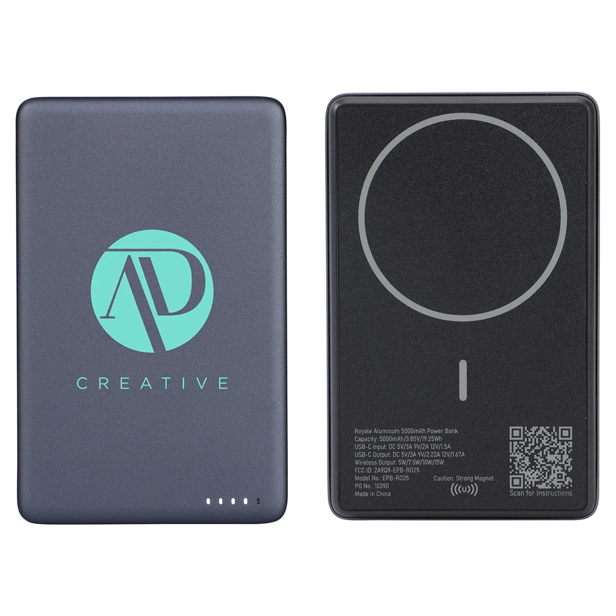 Branded Royale power bank attached to a smartphone, magnetic wireless charging in use