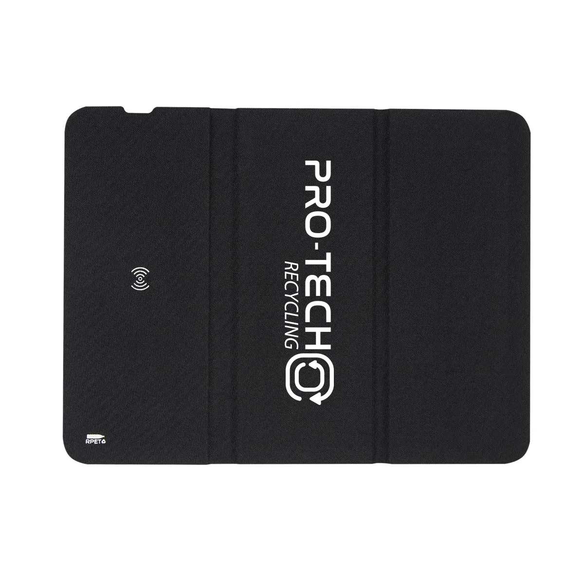 Black wireless charging mouse pad measuring ten and a half inches wide