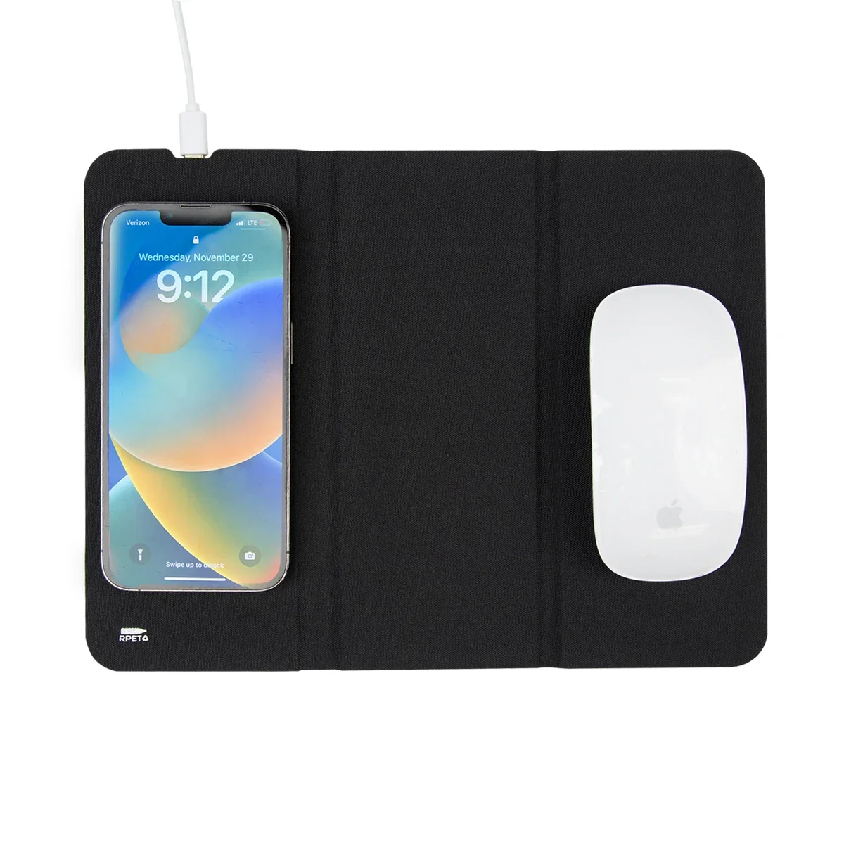 Overhead angle of the rectangular pad on a desk