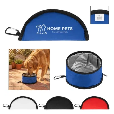 Foldable dog bowl with a carabiner clip for trail walks