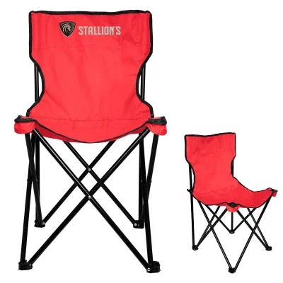 Folding chair made with recycled fabric, shown open beside its carrying bag