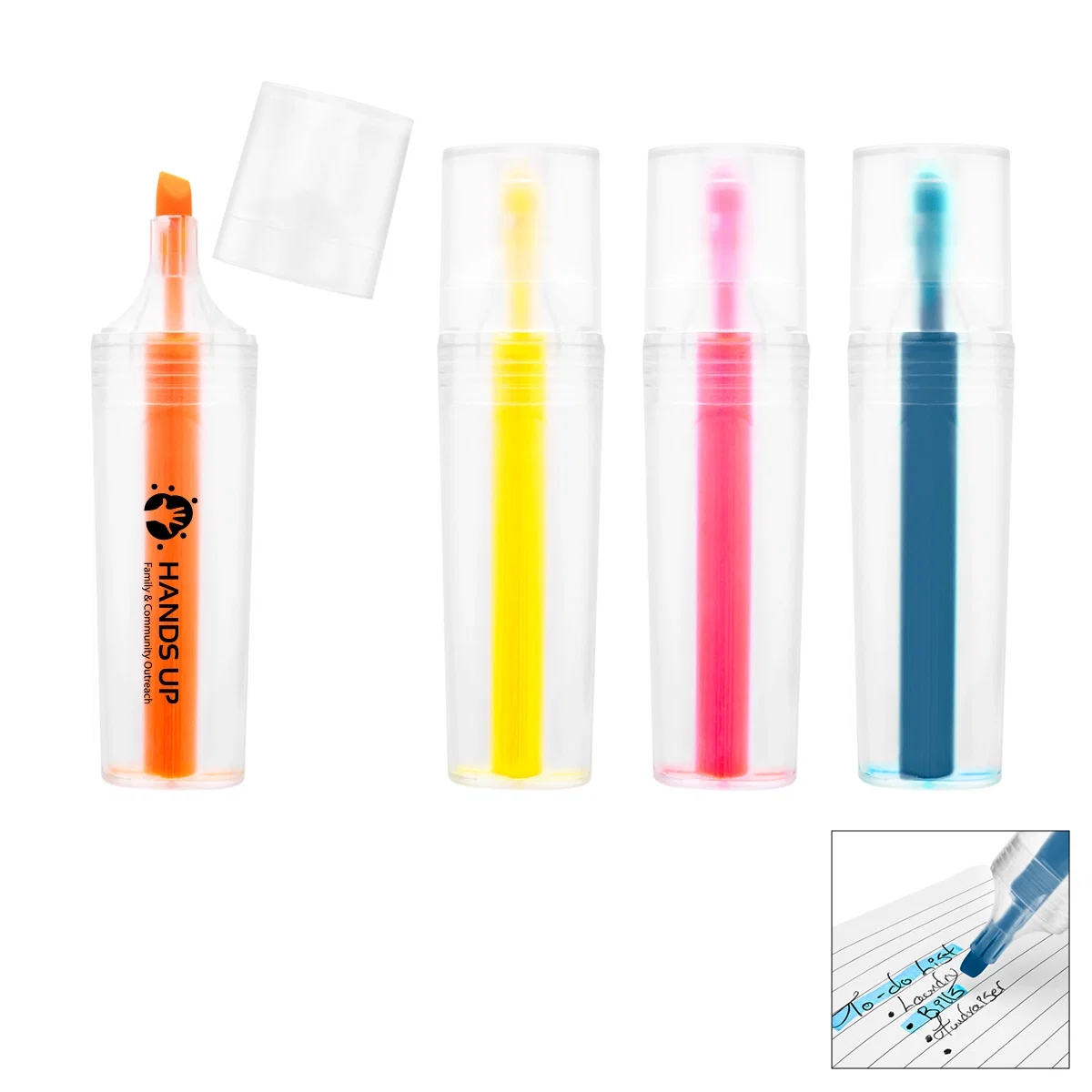 Recycled plastic highlighter standing four inches tall with a clear barrel