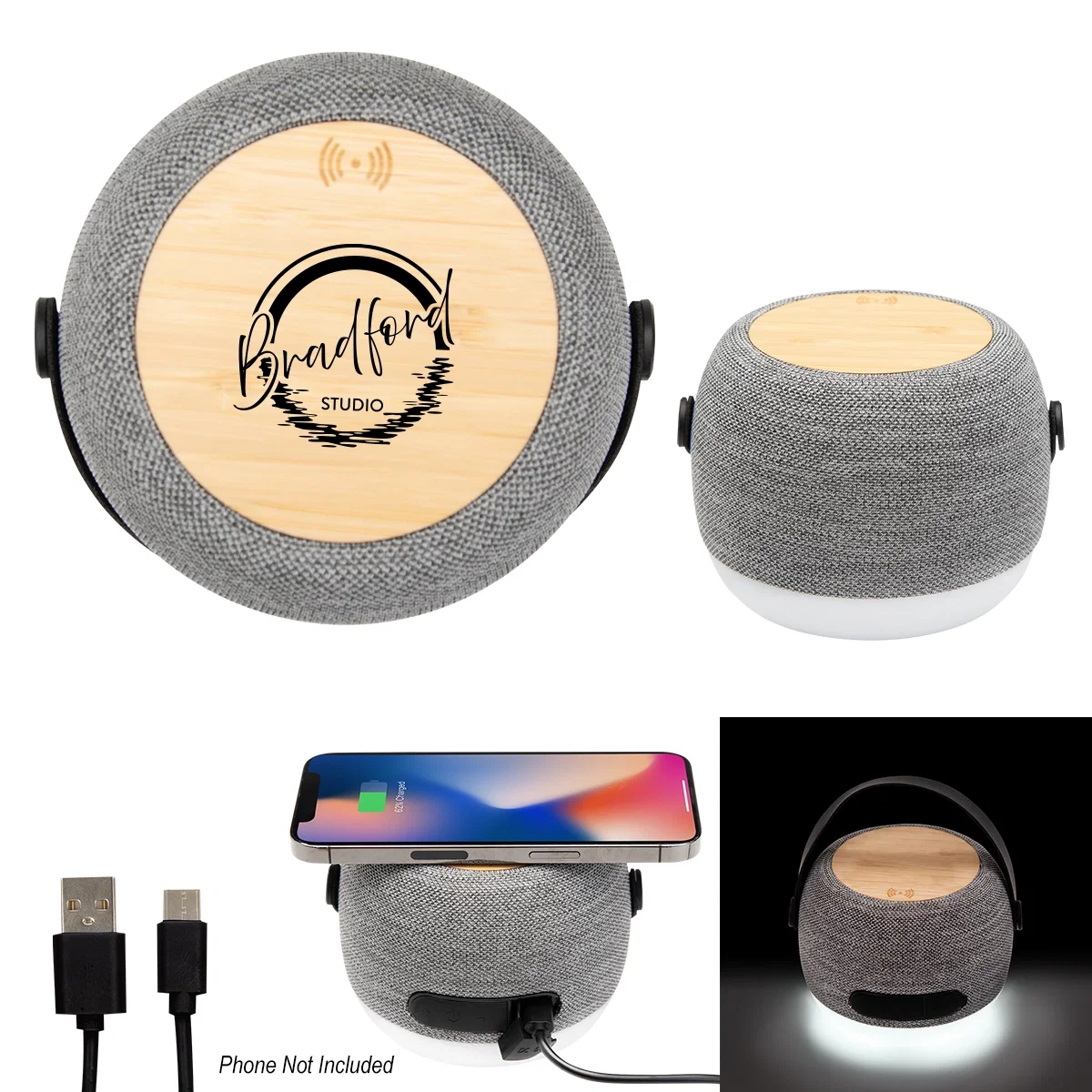 Recycled fifteen watt charger and hi-fi speaker shown from the front