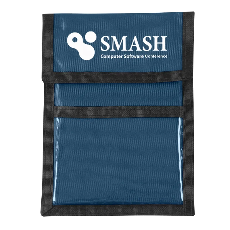 Flat lay of the badge pouch with lanyard coiled beside