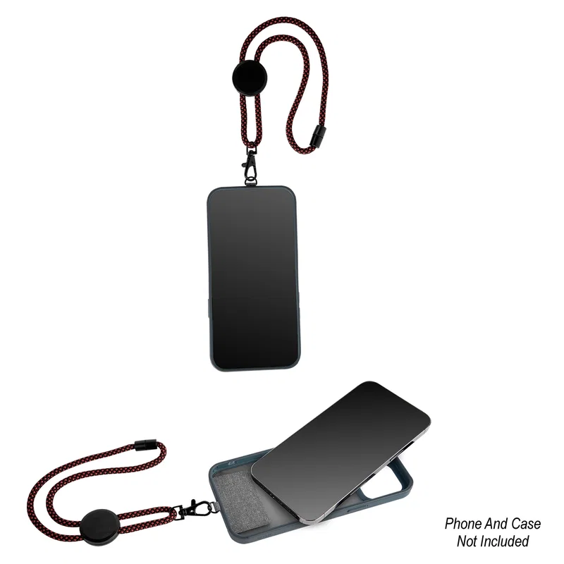 Attachment tab that slides behind a phone before looping through