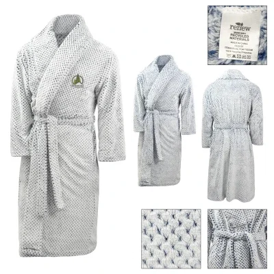 Recycled polyester robe hanging open to show the full length