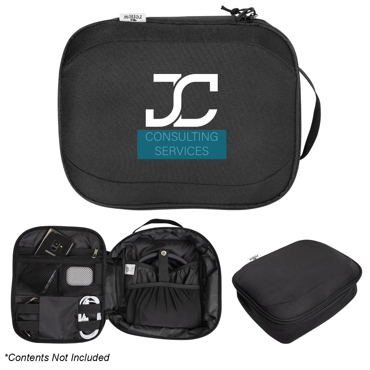 Recycled tech travel pouch with a zippered main opening