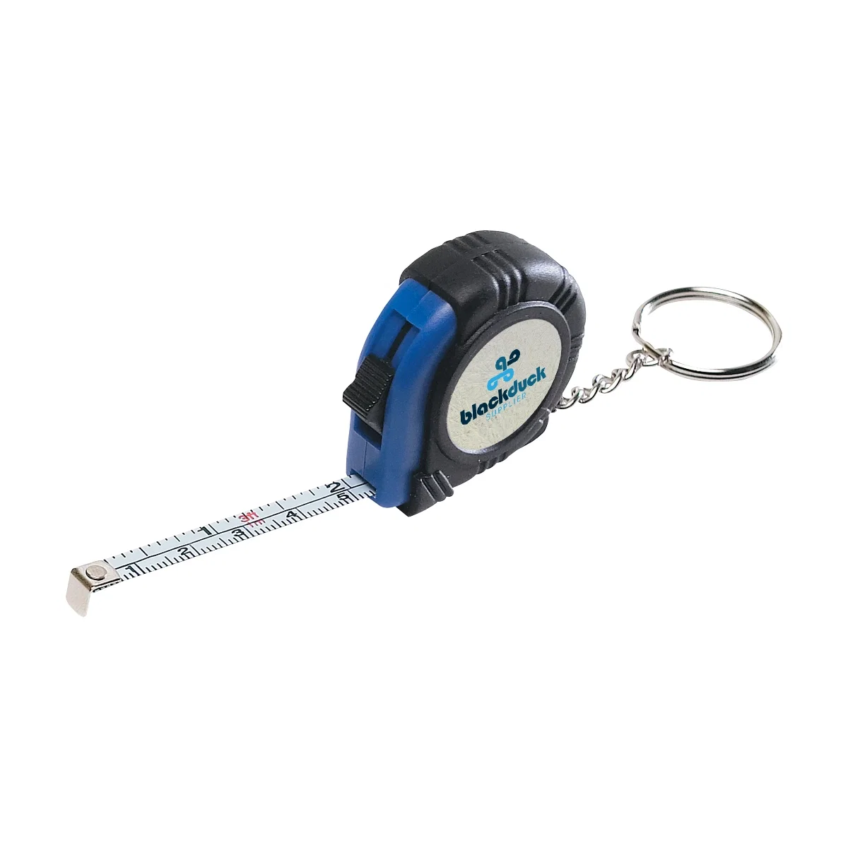 Square rubber tape measure key tag with a laminated label