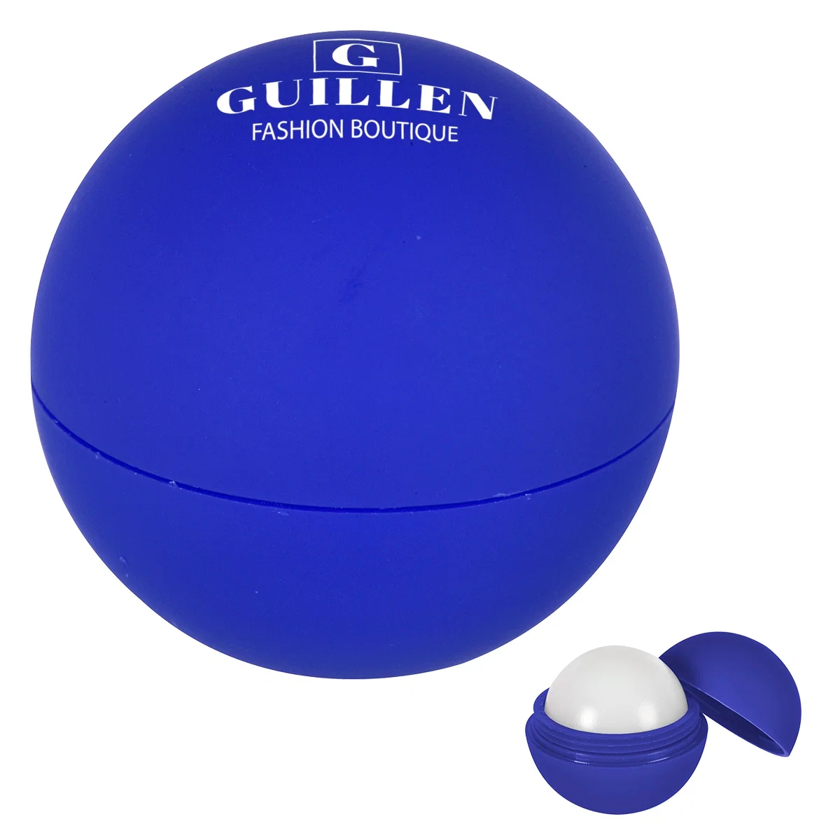 Round rubberized lip moisturizer ball in white, about an inch and a half wide