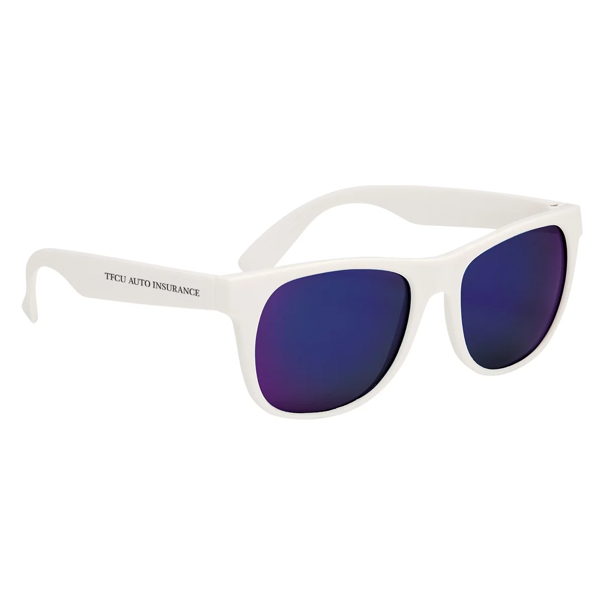 White rubberized sunglasses with reflective mirrored lenses and a matte finish