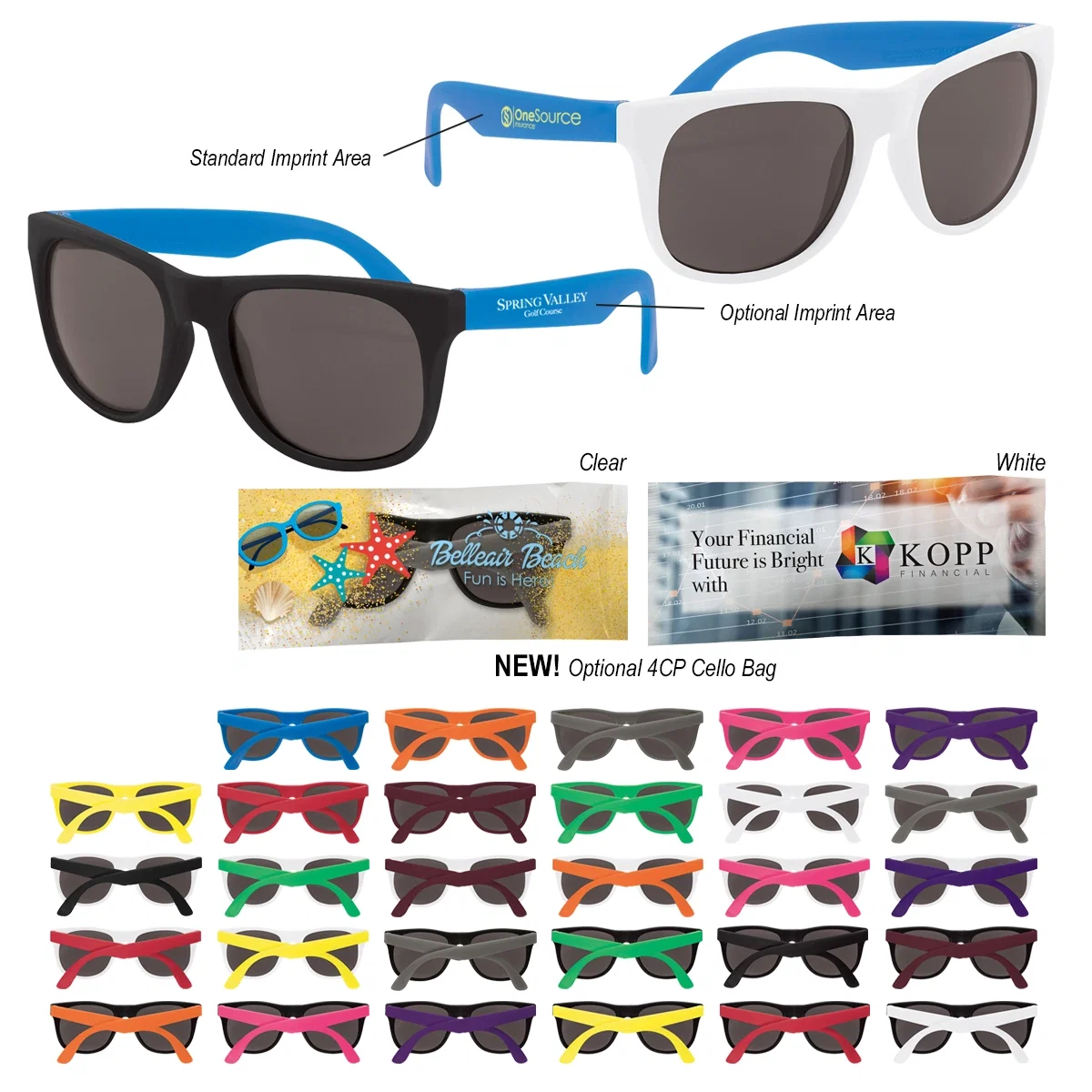 Rubberized sunglasses offered in a dozen frame and arm color options