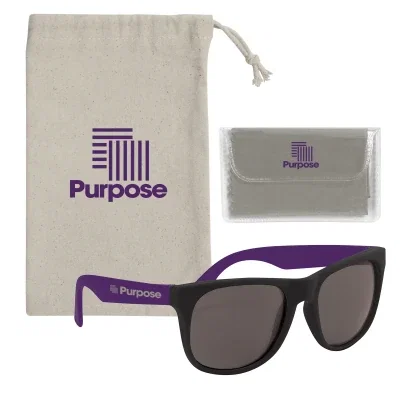 Sunglasses shown with a microfiber cloth and natural drawstring pouch