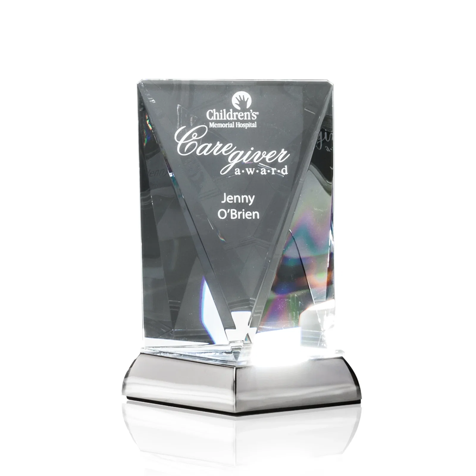 Custom Optical Crystal Award on Mirror-Topped Brushed Nickel Base, metal awards for corporate award ceremonies