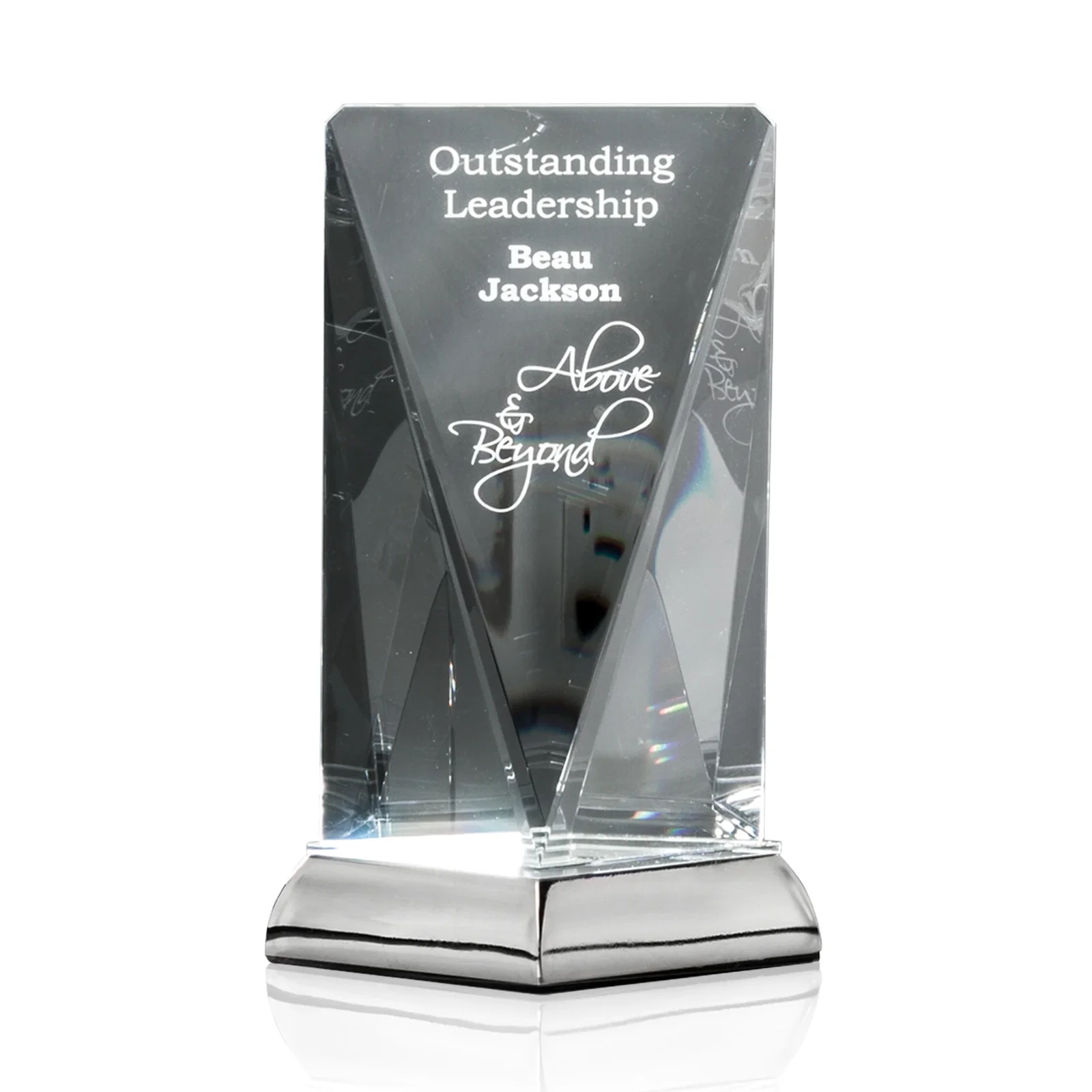 Custom Optical Crystal Award on Mirror-Topped Brushed Nickel Base, metal awards for service anniversary gifts