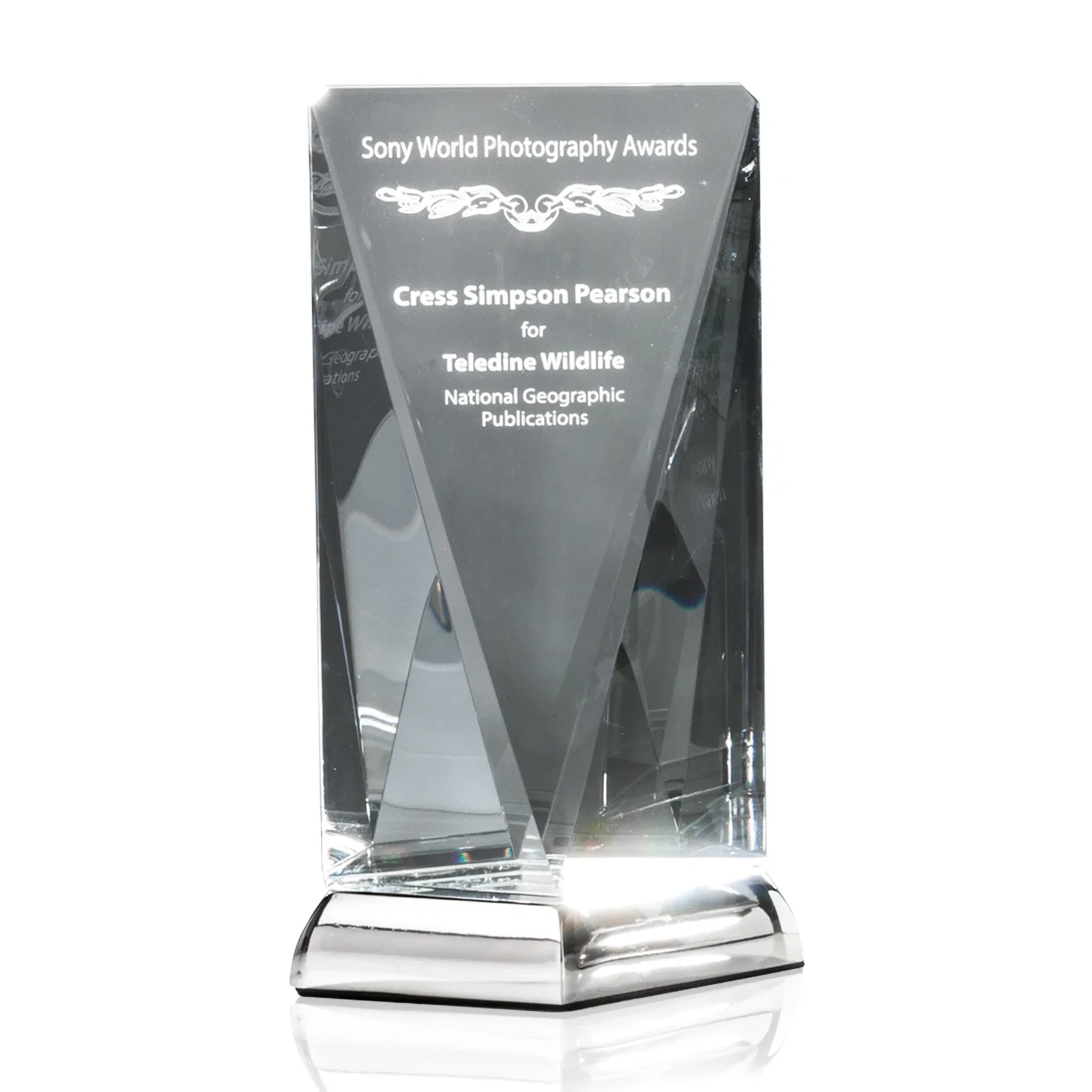 Custom Optical Crystal Award on Mirror-Topped Brushed Nickel Base, metal awards for sales achievement awards