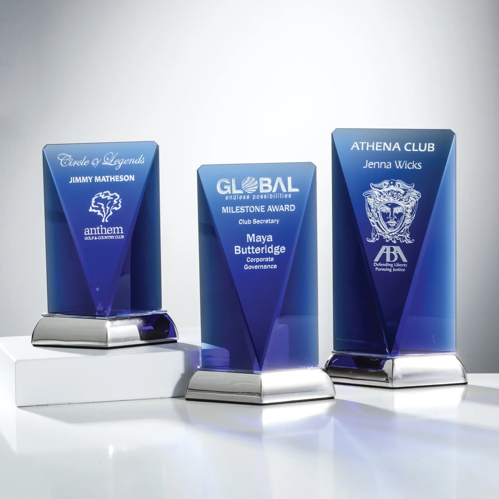 Custom Optical Crystal Award on Mirror-Topped Brushed Nickel Base, metal awards for retirement presentations
