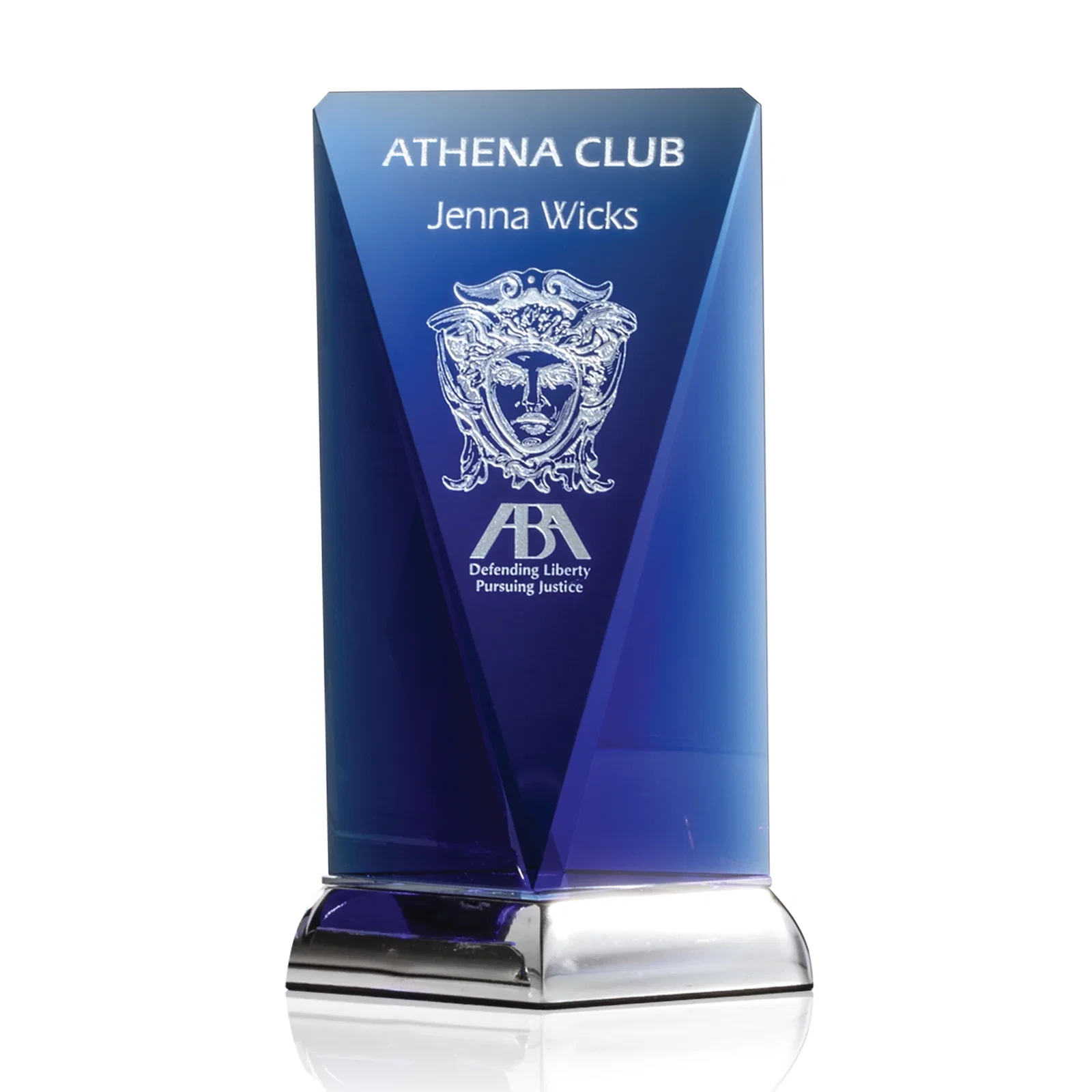 Custom Optical Crystal Award on Mirror-Topped Brushed Nickel Base, metal awards for team milestone celebrations