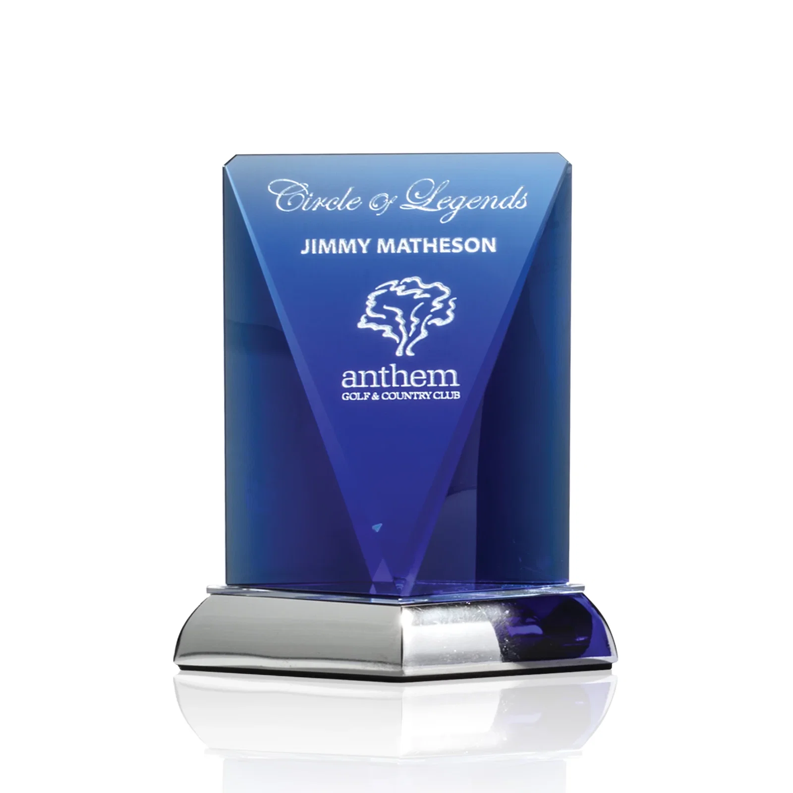 Custom Optical Crystal Award on Mirror-Topped Brushed Nickel Base, metal awards for donor appreciation