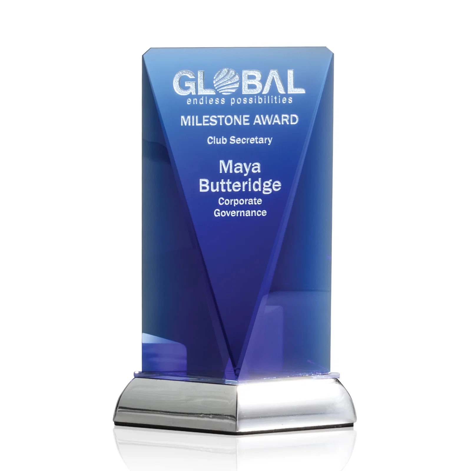 Custom Optical Crystal Award on Mirror-Topped Brushed Nickel Base, metal awards for graduation ceremonies