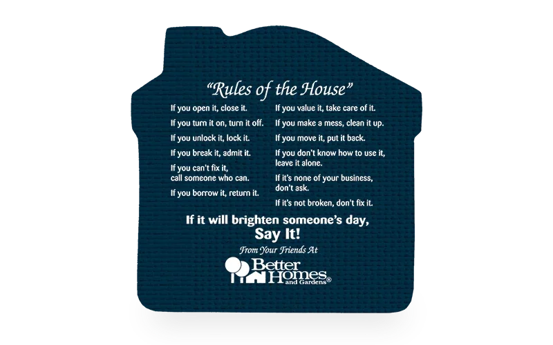 Rules-Of-The-House House Jar Opener. House-shaped vinyl jar opener printed with household rules for real estate gifts