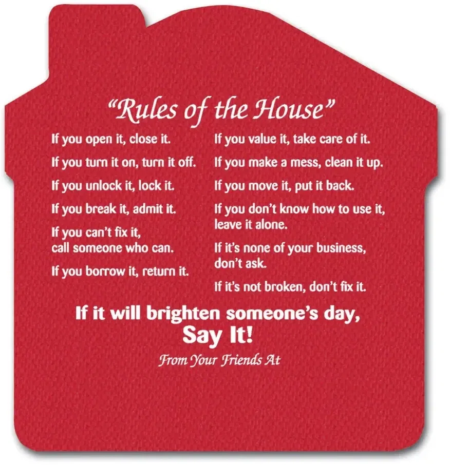 Rules of The House Jar Opener. Cross-shaped natural rubber jar opener with 13 house rules for real estate closing gifts, view
