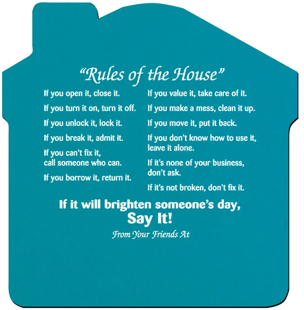 Rules of The House Jar Opener. Cross-shaped natural rubber jar opener with 13 house rules for real estate closing gifts, view