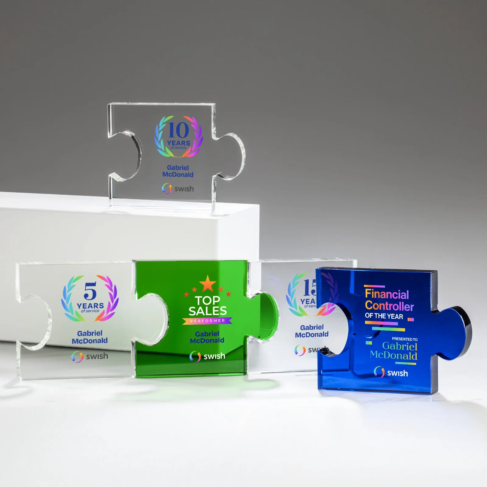 Custom Optical Crystal Puzzle-Piece Chain Award in Three Colors, awards for team milestone celebrations