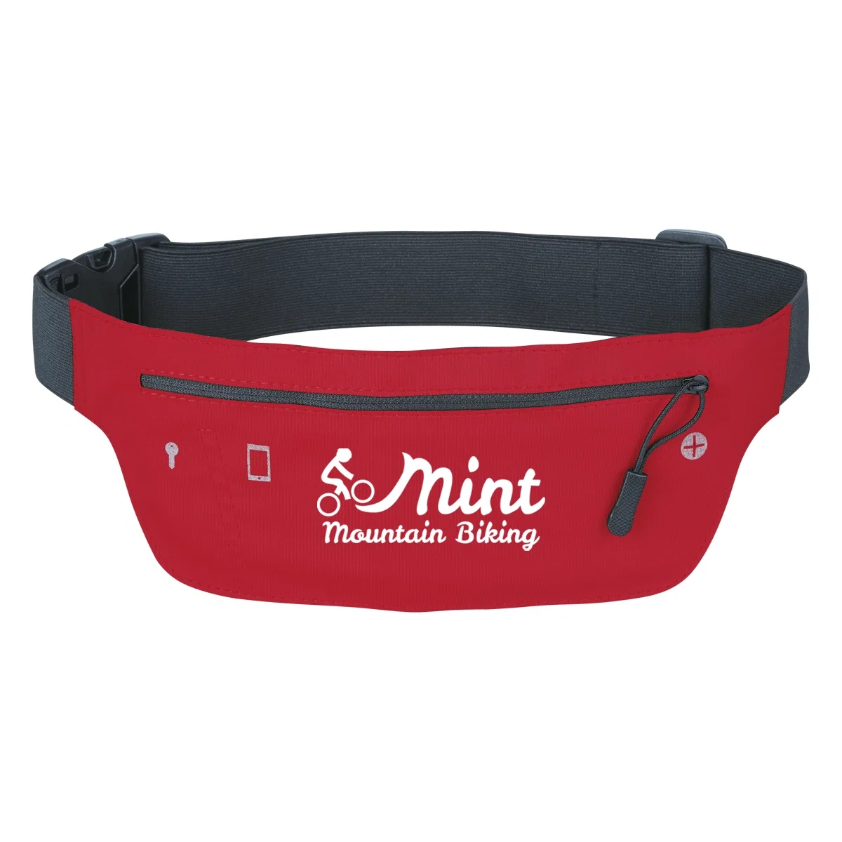 Red fanny pack shown with the strap extended