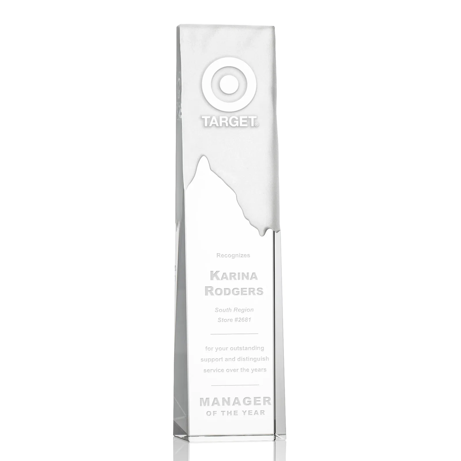 Custom Optical Crystal Mountain Peak Award with Reverse-Frosted Back, awards for sales achievement awards