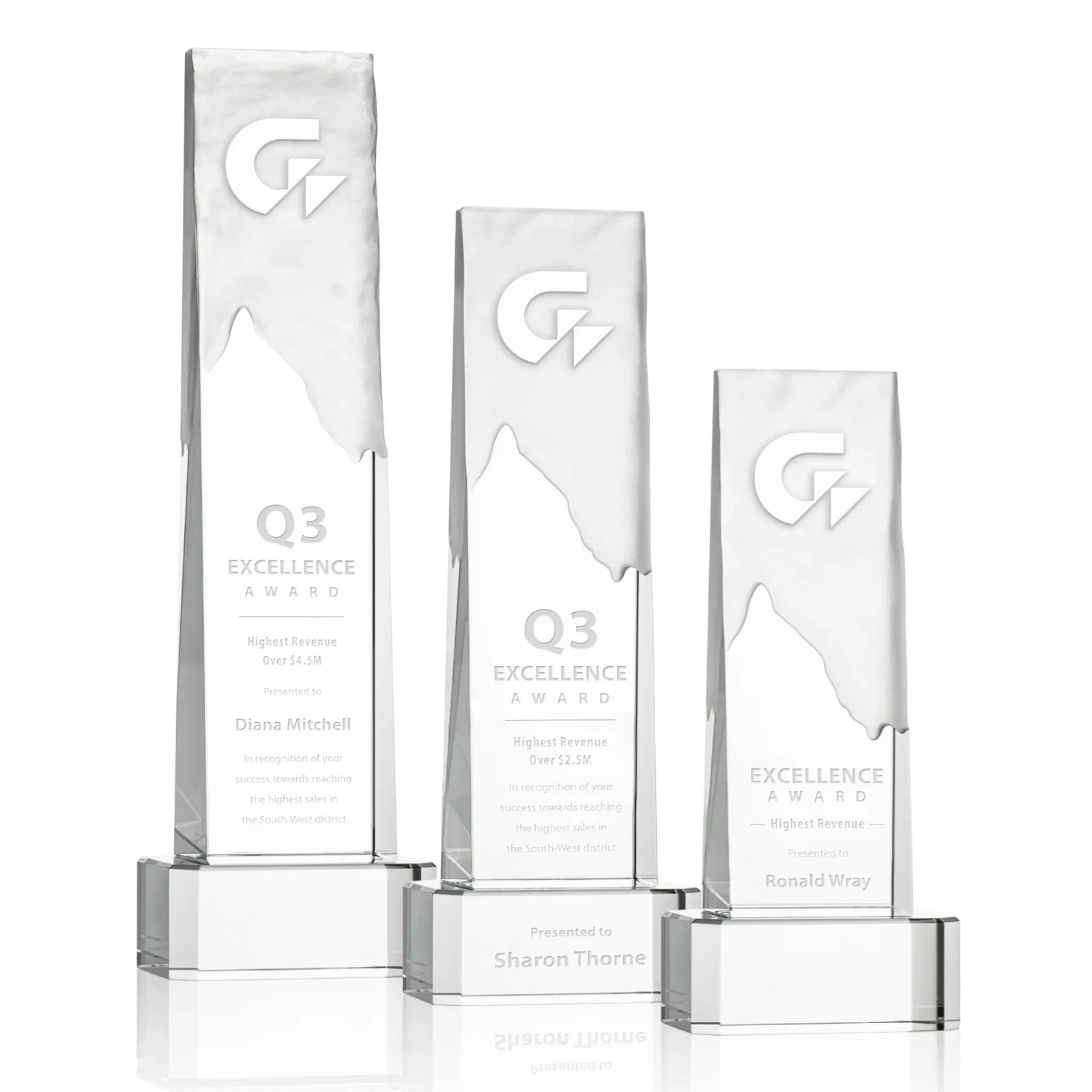 Custom Optical Crystal Monolith Award with Hand-Carved Mountainscape, awards for employee recognition