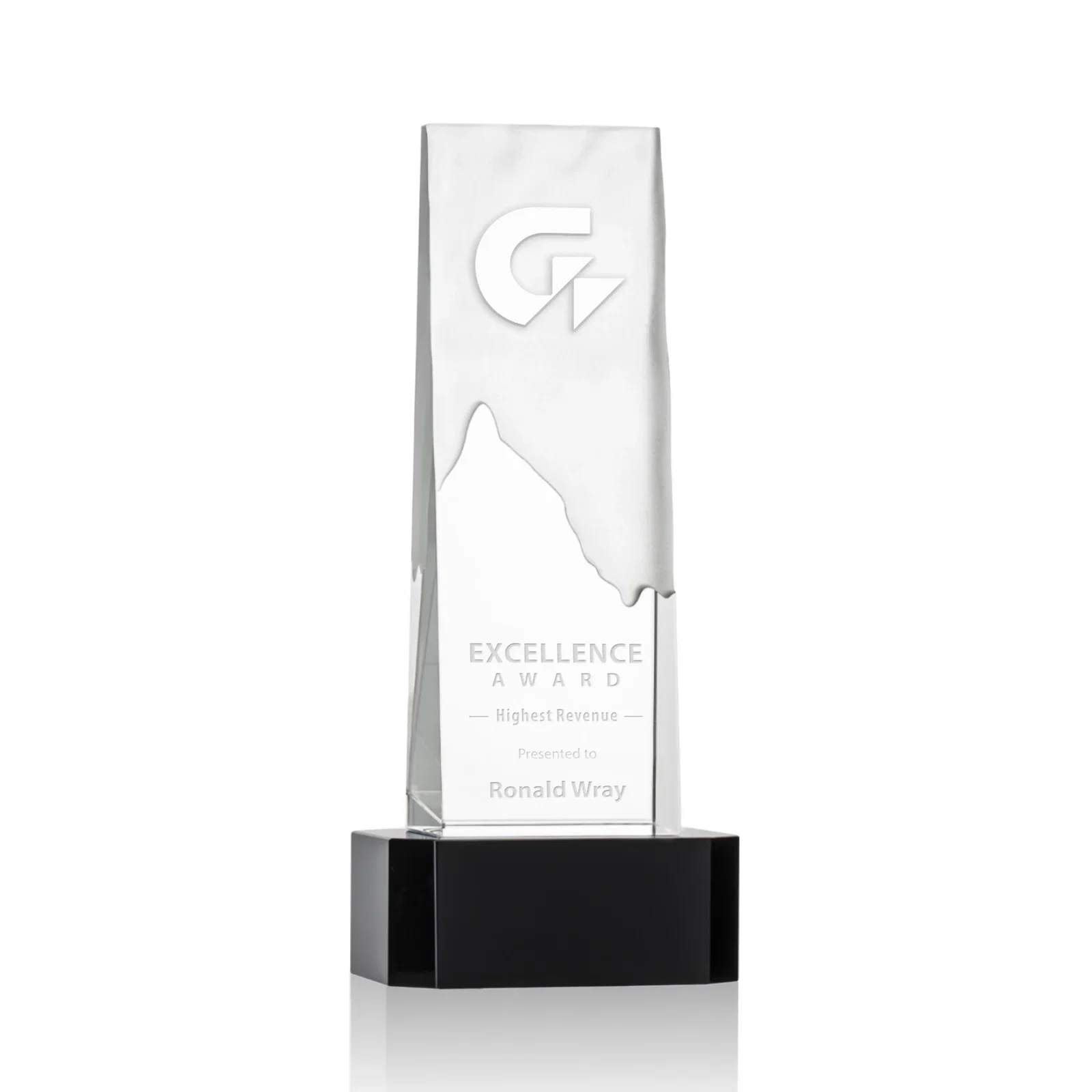 Custom Optical Crystal Monolith Award with Hand-Carved Mountainscape, awards for volunteer appreciation