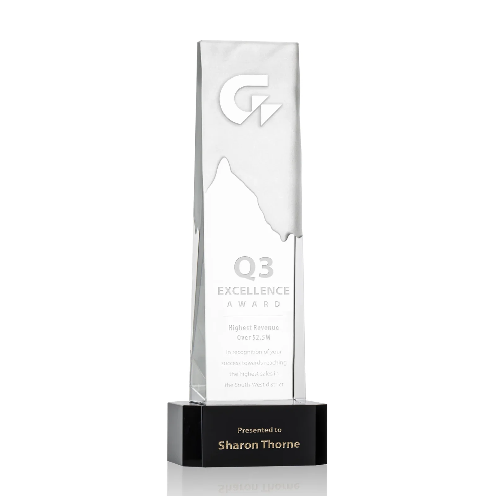 Custom Optical Crystal Monolith Award with Hand-Carved Mountainscape, awards for dealer and partner awards